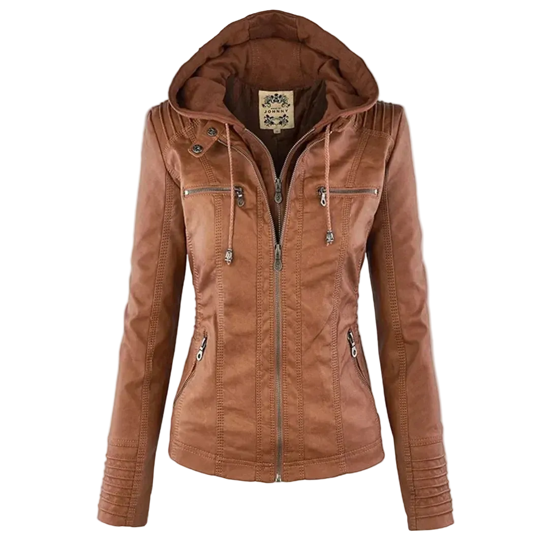 Damen Kunstlederjacke mit Kapuze | Lässige Übergangsjacke in Lederoptik für Alltag, Spaziergänge und Freizeit im Frühling und Herbst