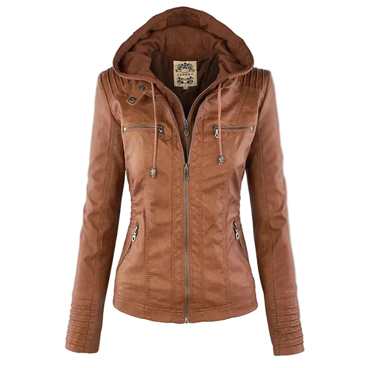 Damen Kunstlederjacke mit Kapuze | Lässige Übergangsjacke in Lederoptik für Alltag, Spaziergänge und Freizeit im Frühling und Herbst
