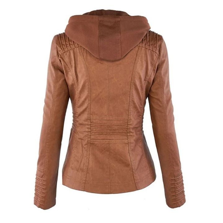 Damen Kunstlederjacke mit Kapuze | Lässige Übergangsjacke in Lederoptik für Alltag, Spaziergänge und Freizeit im Frühling und Herbst