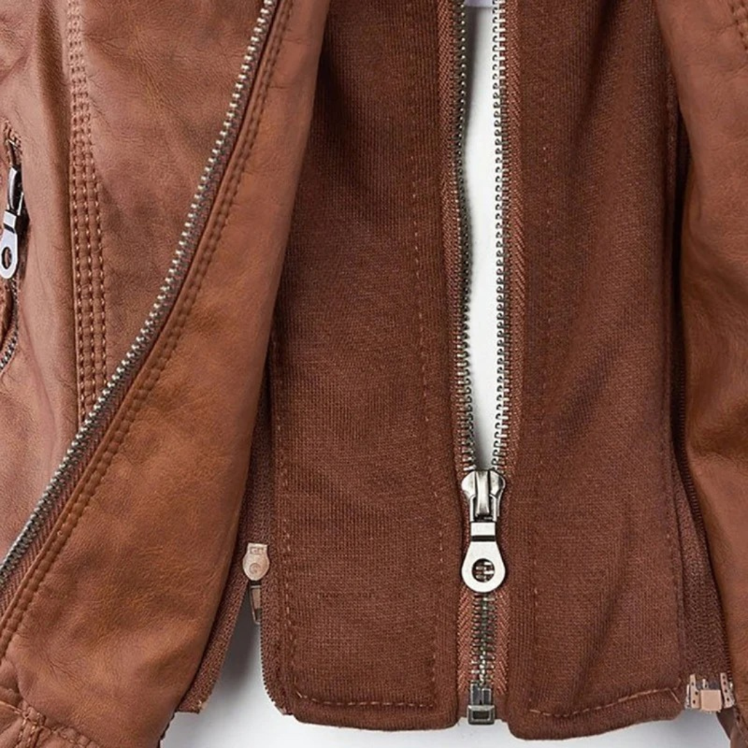 Damen Kunstlederjacke mit Kapuze | Lässige Übergangsjacke in Lederoptik für Alltag, Spaziergänge und Freizeit im Frühling und Herbst
