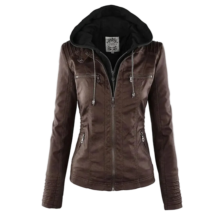 Damen Kunstlederjacke mit Kapuze | Lässige Übergangsjacke in Lederoptik für Alltag, Spaziergänge und Freizeit im Frühling und Herbst