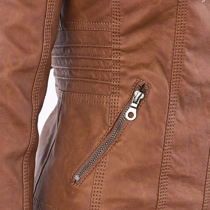 Damen Kunstlederjacke mit Kapuze | Lässige Übergangsjacke in Lederoptik für Alltag, Spaziergänge und Freizeit im Frühling und Herbst