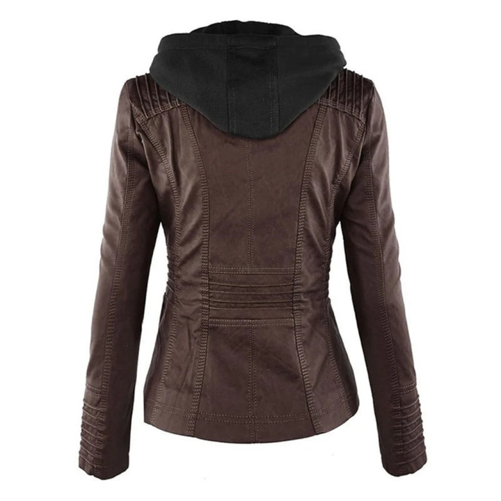 Damen Kunstlederjacke mit Kapuze | Lässige Übergangsjacke in Lederoptik für Alltag, Spaziergänge und Freizeit im Frühling und Herbst