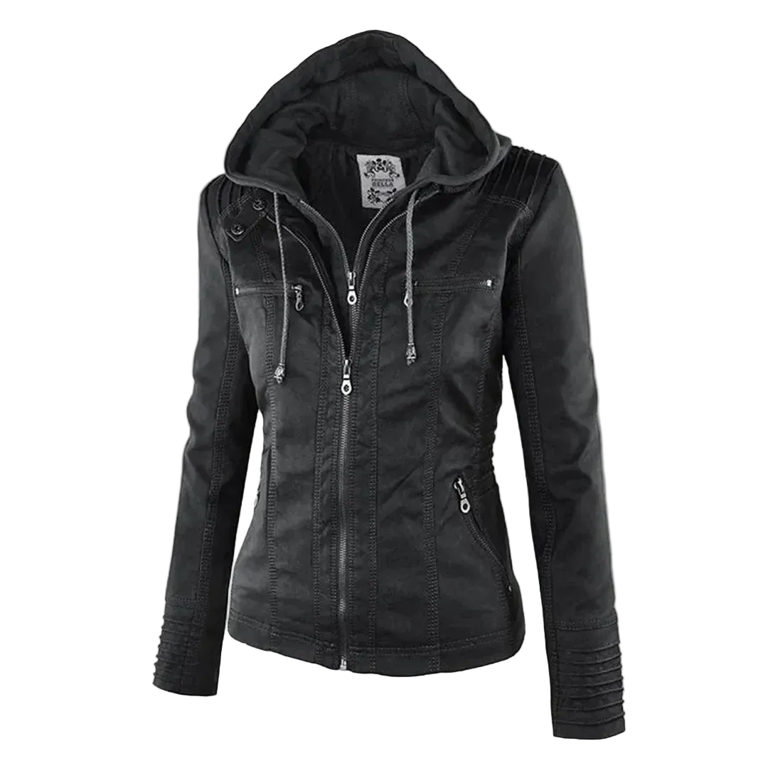 Damen Kunstlederjacke mit Kapuze | Lässige Übergangsjacke in Lederoptik für Alltag, Spaziergänge und Freizeit im Frühling und Herbst