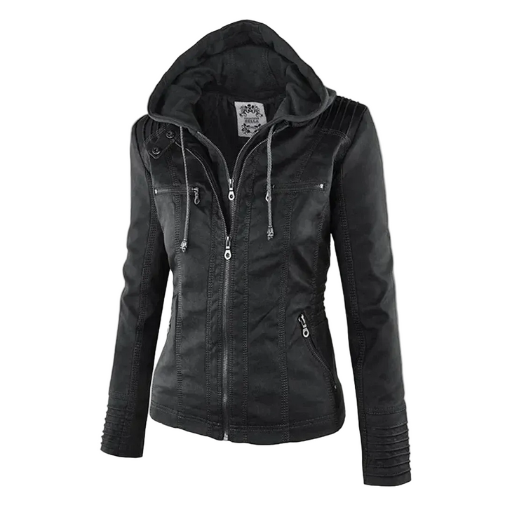 Damen Kunstlederjacke mit Kapuze | Lässige Übergangsjacke in Lederoptik für Alltag, Spaziergänge und Freizeit im Frühling und Herbst
