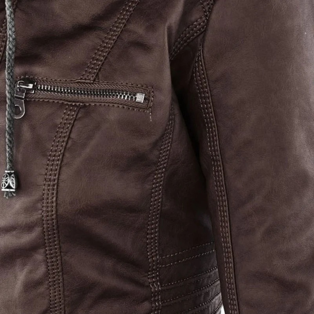 Damen Kunstlederjacke mit Kapuze | Lässige Übergangsjacke in Lederoptik für Alltag, Spaziergänge und Freizeit im Frühling und Herbst