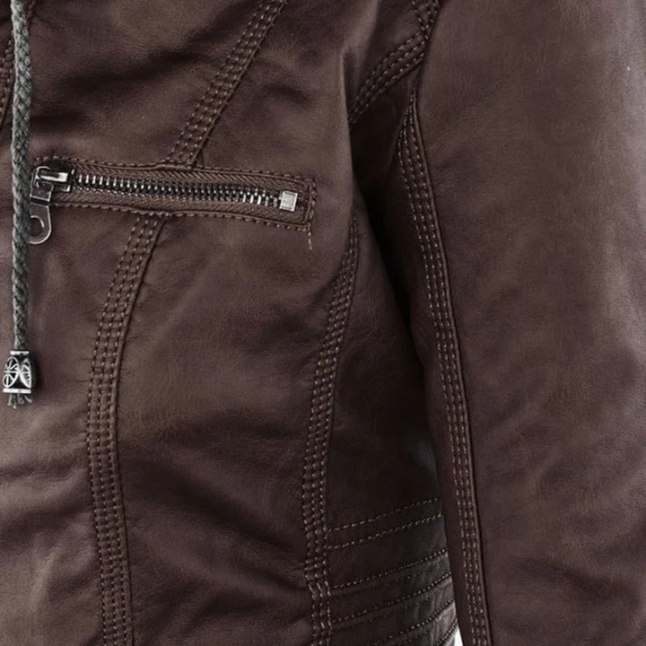 Damen Kunstlederjacke mit Kapuze | Lässige Übergangsjacke in Lederoptik für Alltag, Spaziergänge und Freizeit im Frühling und Herbst