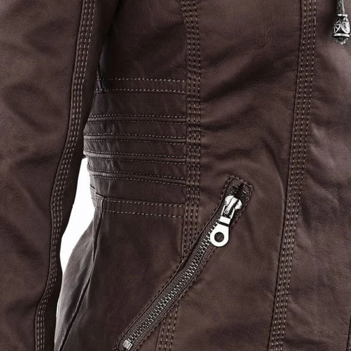 Damen Kunstlederjacke mit Kapuze | Lässige Übergangsjacke in Lederoptik für Alltag, Spaziergänge und Freizeit im Frühling und Herbst