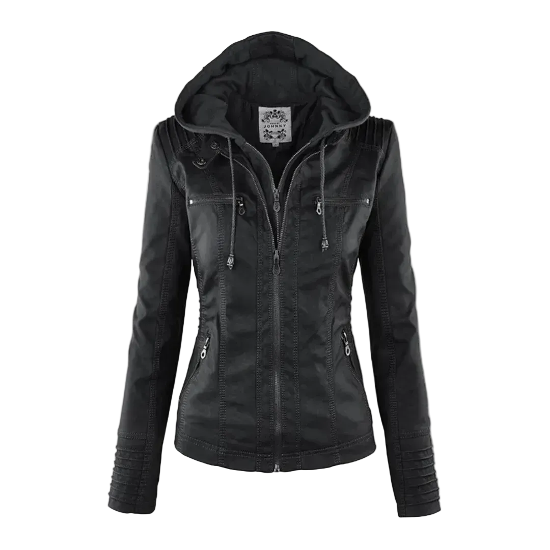 Damen Kunstlederjacke mit Kapuze | Lässige Übergangsjacke in Lederoptik für Alltag, Spaziergänge und Freizeit im Frühling und Herbst