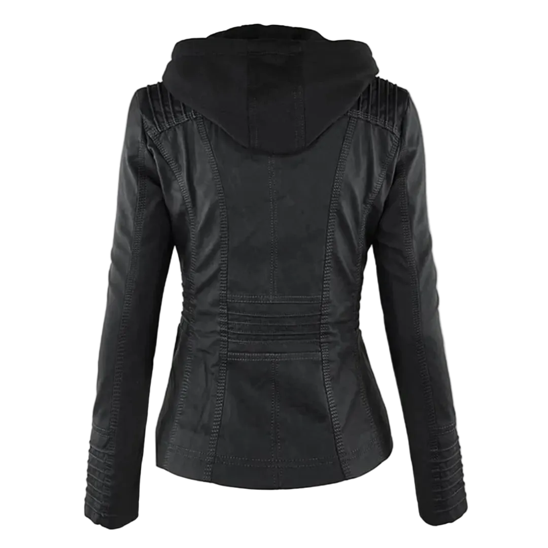 Damen Kunstlederjacke mit Kapuze | Lässige Übergangsjacke in Lederoptik für Alltag, Spaziergänge und Freizeit im Frühling und Herbst