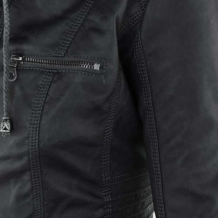 Damen Kunstlederjacke mit Kapuze | Lässige Übergangsjacke in Lederoptik für Alltag, Spaziergänge und Freizeit im Frühling und Herbst