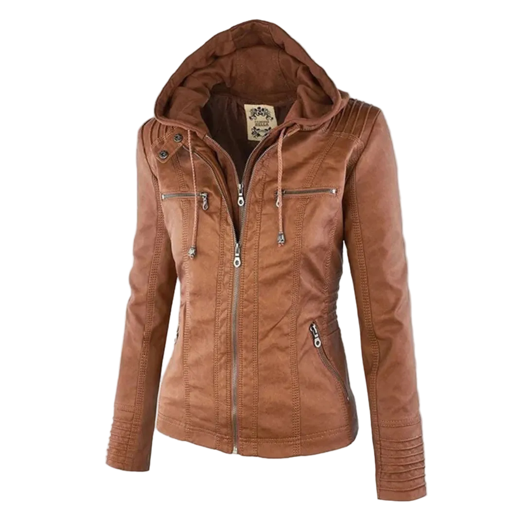 Damen Kunstlederjacke mit Kapuze | Lässige Übergangsjacke in Lederoptik für Alltag, Spaziergänge und Freizeit im Frühling und Herbst