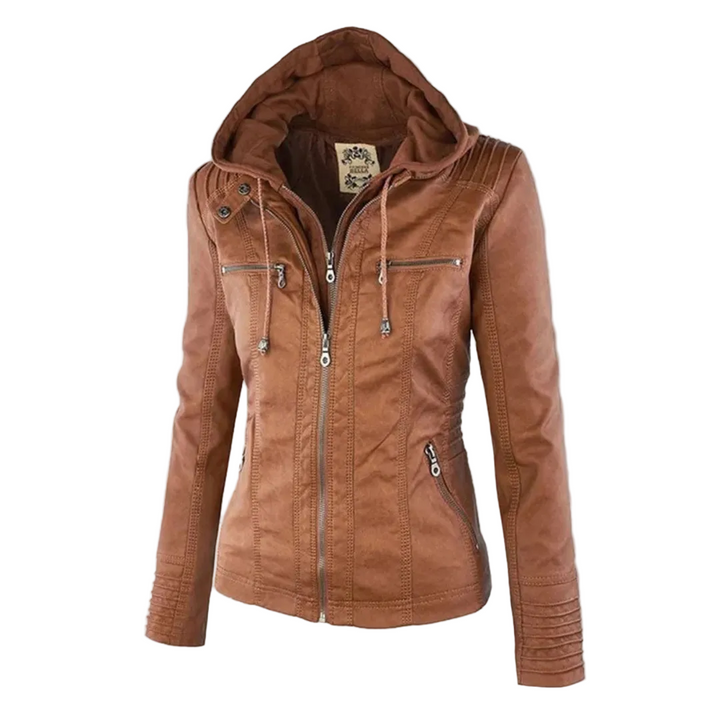 Damen Kunstlederjacke mit Kapuze | Lässige Übergangsjacke in Lederoptik für Alltag, Spaziergänge und Freizeit im Frühling und Herbst