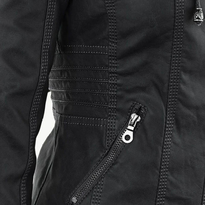 Damen Kunstlederjacke mit Kapuze | Lässige Übergangsjacke in Lederoptik für Alltag, Spaziergänge und Freizeit im Frühling und Herbst
