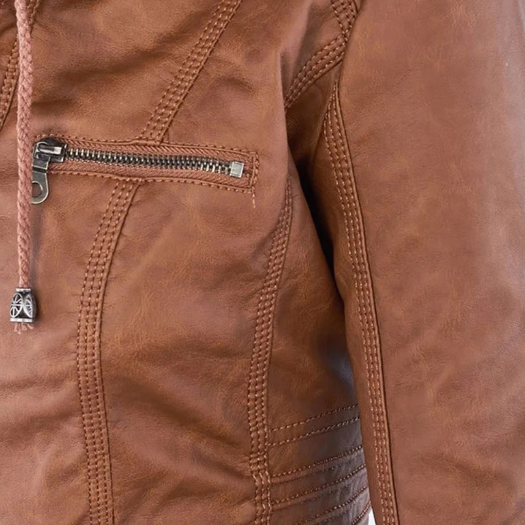Damen Kunstlederjacke mit Kapuze | Lässige Übergangsjacke in Lederoptik für Alltag, Spaziergänge und Freizeit im Frühling und Herbst