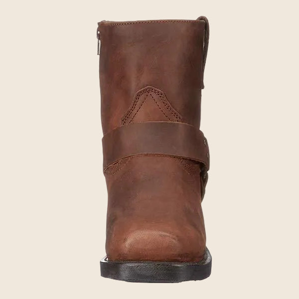 Damen Bikerstiefel aus echtem Vollnarbenleder | Mittelhohe Lederstiefel mit Zierriemen, Nieten, Gummisohle und stabilem Absatz