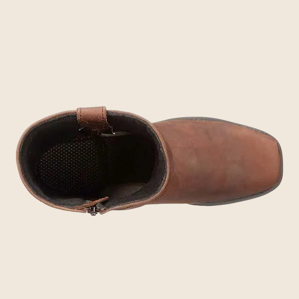 Damen Bikerstiefel aus echtem Vollnarbenleder | Mittelhohe Lederstiefel mit Zierriemen, Nieten, Gummisohle und stabilem Absatz