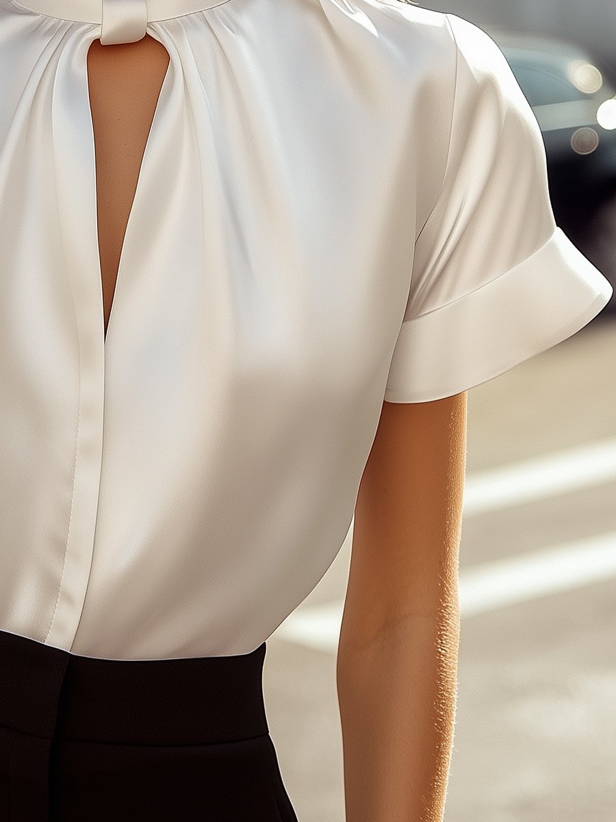 Damen Satinbluse | Elegante Kurzarmbluse mit Schlüssellochausschnitt, hochgeschlossenem Kragen und Knotenakzent für Büro und Abendlooks