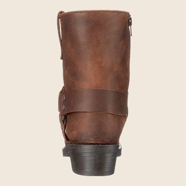 Damen Bikerstiefel aus echtem Vollnarbenleder | Mittelhohe Lederstiefel mit Zierriemen, Nieten, Gummisohle und stabilem Absatz