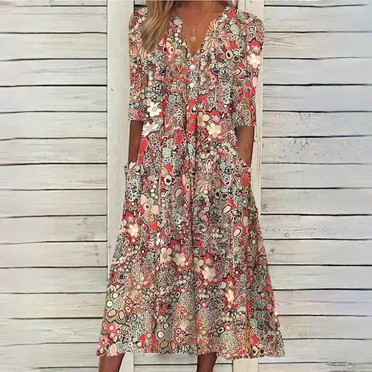 Boho Sommerkleid Damen Midi | Luftig &amp; bequem für warme Tage | Fließender Schnitt, feminin &amp; vielseitig | Strand bis Abend