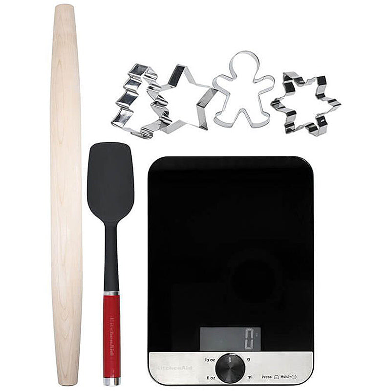 Weihnachts Backset mit digitaler Küchenwaage | 7-teiliges Plätzchen Backzubehör mit Teigroller, Wender und 4 Ausstechformen aus Metall
