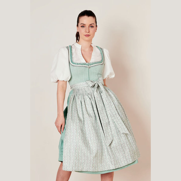 Damen Dirndl Mintgrün | Midi Trachtenkleid mit Froschgoscherl, Miederschnürung und 70 cm Rocklänge
