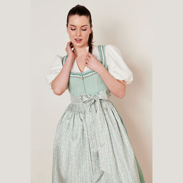 Damen Dirndl Mintgrün | Midi Trachtenkleid mit Froschgoscherl, Miederschnürung und 70 cm Rocklänge