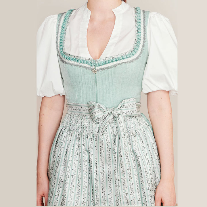 Damen Dirndl Mintgrün | Midi Trachtenkleid mit Froschgoscherl, Miederschnürung und 70 cm Rocklänge