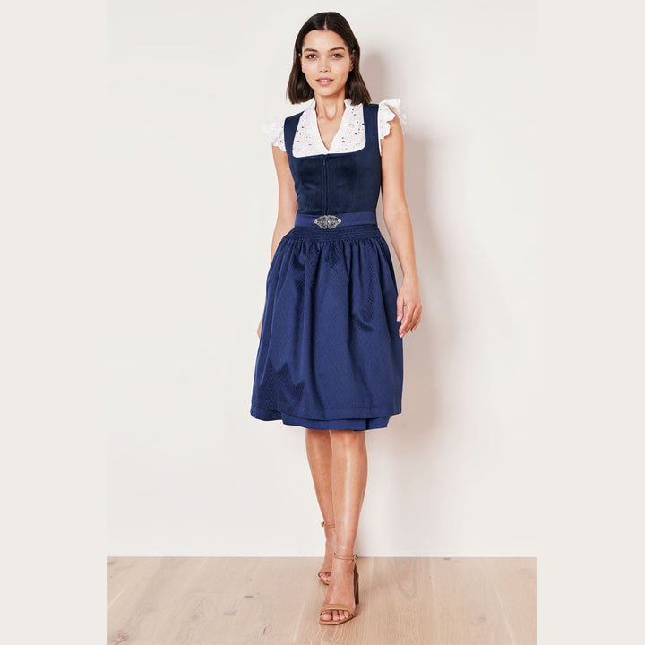Damen Dirndl Blau | Midi Samtdirndl mit Balkonett-Ausschnitt, Reißverschluss und 60 cm Rocklänge