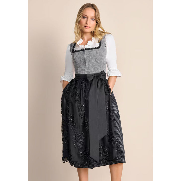 Damen Dirndl Schwarz Grau | Modernes Midi Trachtenkleid mit Balkonett-Ausschnitt, Reißverschluss und 70 cm Rocklänge
