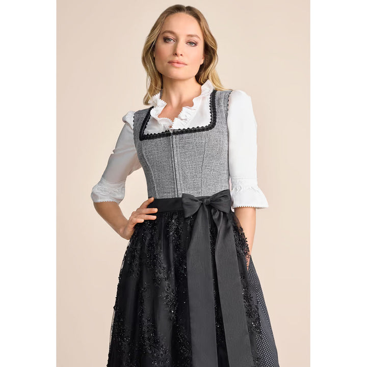 Damen Dirndl Schwarz Grau | Modernes Midi Trachtenkleid mit Balkonett-Ausschnitt, Reißverschluss und 70 cm Rocklänge
