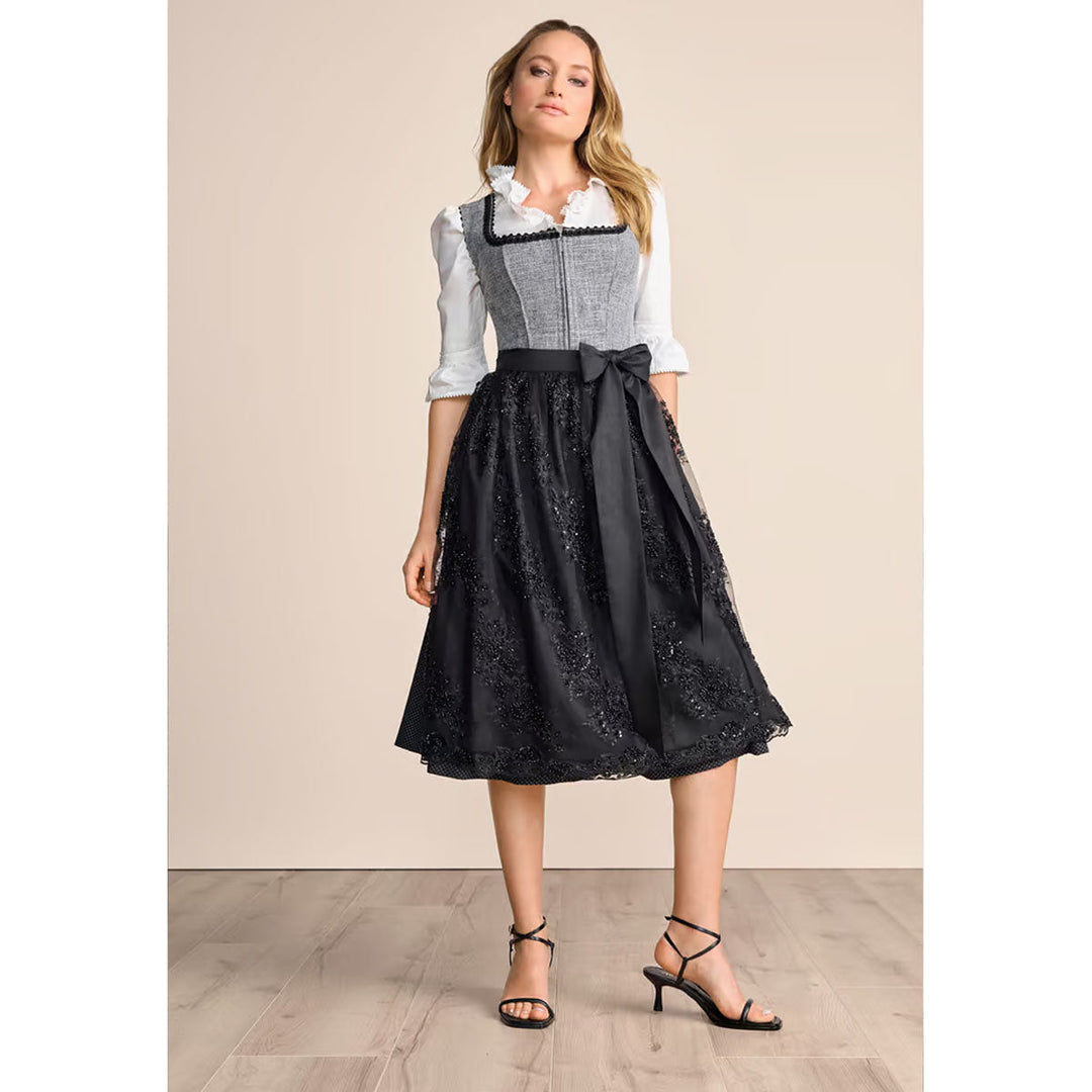Damen Dirndl Schwarz Grau | Modernes Midi Trachtenkleid mit Balkonett-Ausschnitt, Reißverschluss und 70 cm Rocklänge