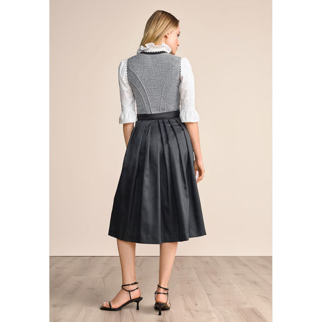 Damen Dirndl Schwarz Grau | Modernes Midi Trachtenkleid mit Balkonett-Ausschnitt, Reißverschluss und 70 cm Rocklänge
