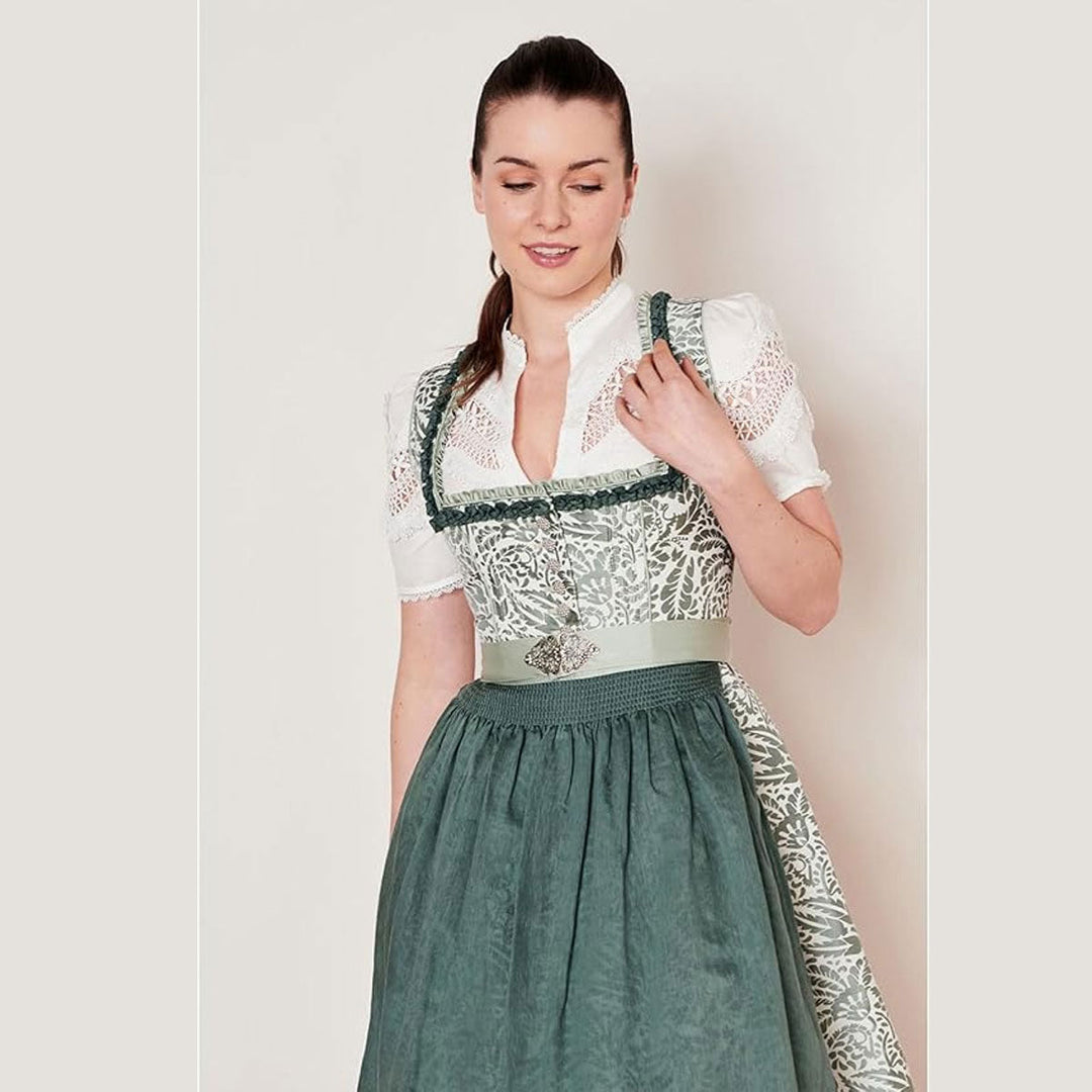 Damen Dirndl Schilfgrün | Midi Trachtenkleid mit Froschgoscherl-Borte, Floralmuster und 70 cm Rocklänge