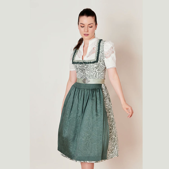 Damen Dirndl Schilfgrün | Midi Trachtenkleid mit Froschgoscherl-Borte, Floralmuster und 70 cm Rocklänge