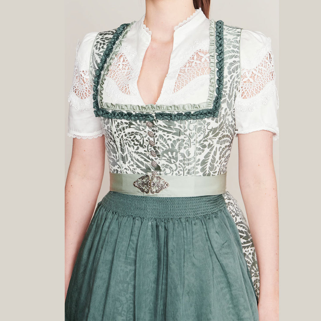 Damen Dirndl Schilfgrün | Midi Trachtenkleid mit Froschgoscherl-Borte, Floralmuster und 70 cm Rocklänge