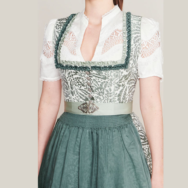 Damen Dirndl Schilfgrün | Midi Trachtenkleid mit Froschgoscherl-Borte, Floralmuster und 70 cm Rocklänge
