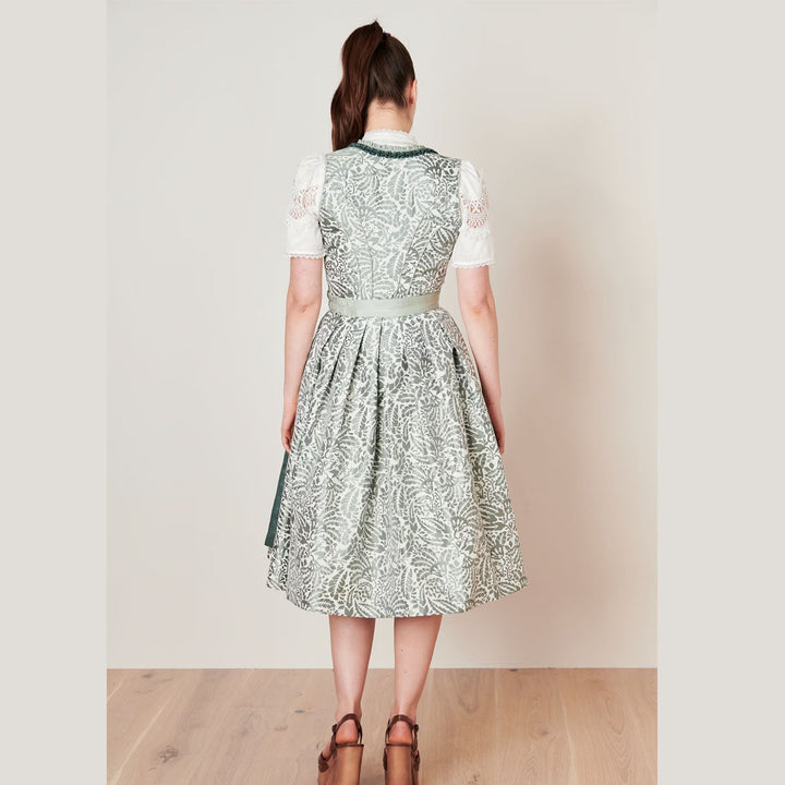 Damen Dirndl Schilfgrün | Midi Trachtenkleid mit Froschgoscherl-Borte, Floralmuster und 70 cm Rocklänge