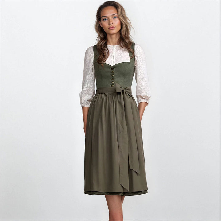 Damen Dirndl Grün | Midi Trachtenkleid mit Herzausschnitt, Miederschnürung und 70 cm Rocklänge