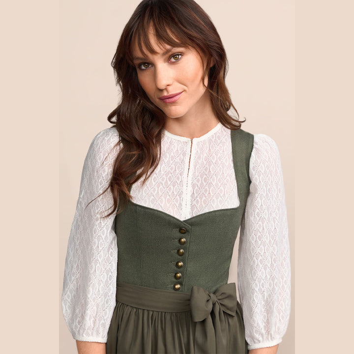 Damen Dirndl Grün | Midi Trachtenkleid mit Herzausschnitt, Miederschnürung und 70 cm Rocklänge