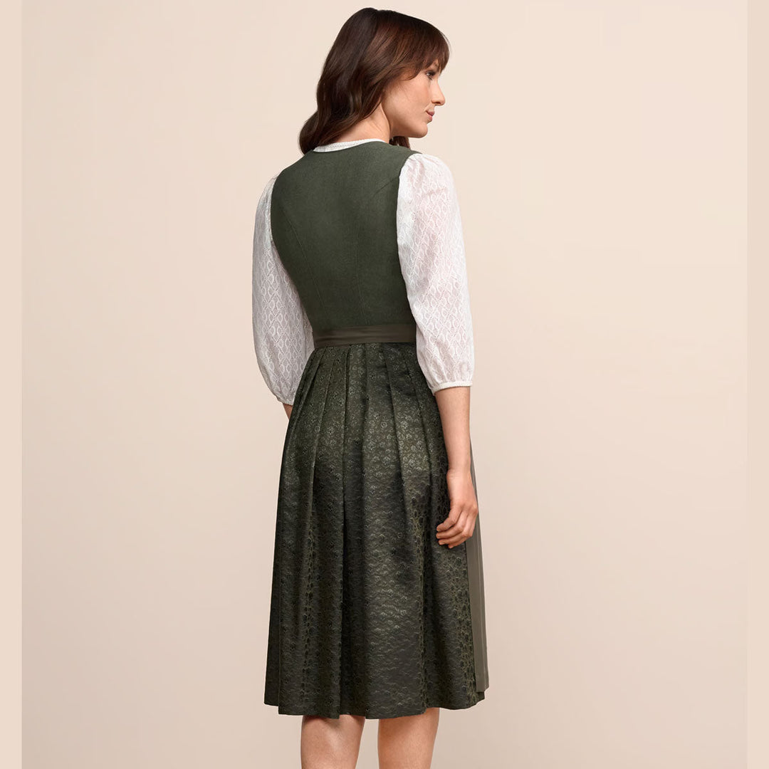 Damen Dirndl Grün | Midi Trachtenkleid mit Herzausschnitt, Miederschnürung und 70 cm Rocklänge