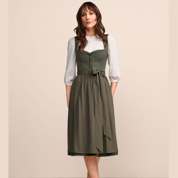 Damen Dirndl Grün | Midi Trachtenkleid mit Herzausschnitt, Miederschnürung und 70 cm Rocklänge