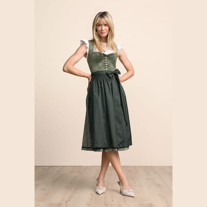 Damen Dirndl Grün | Midi Samtdirndl mit Herzausschnitt, Zierknöpfen und 70 cm Rocklänge