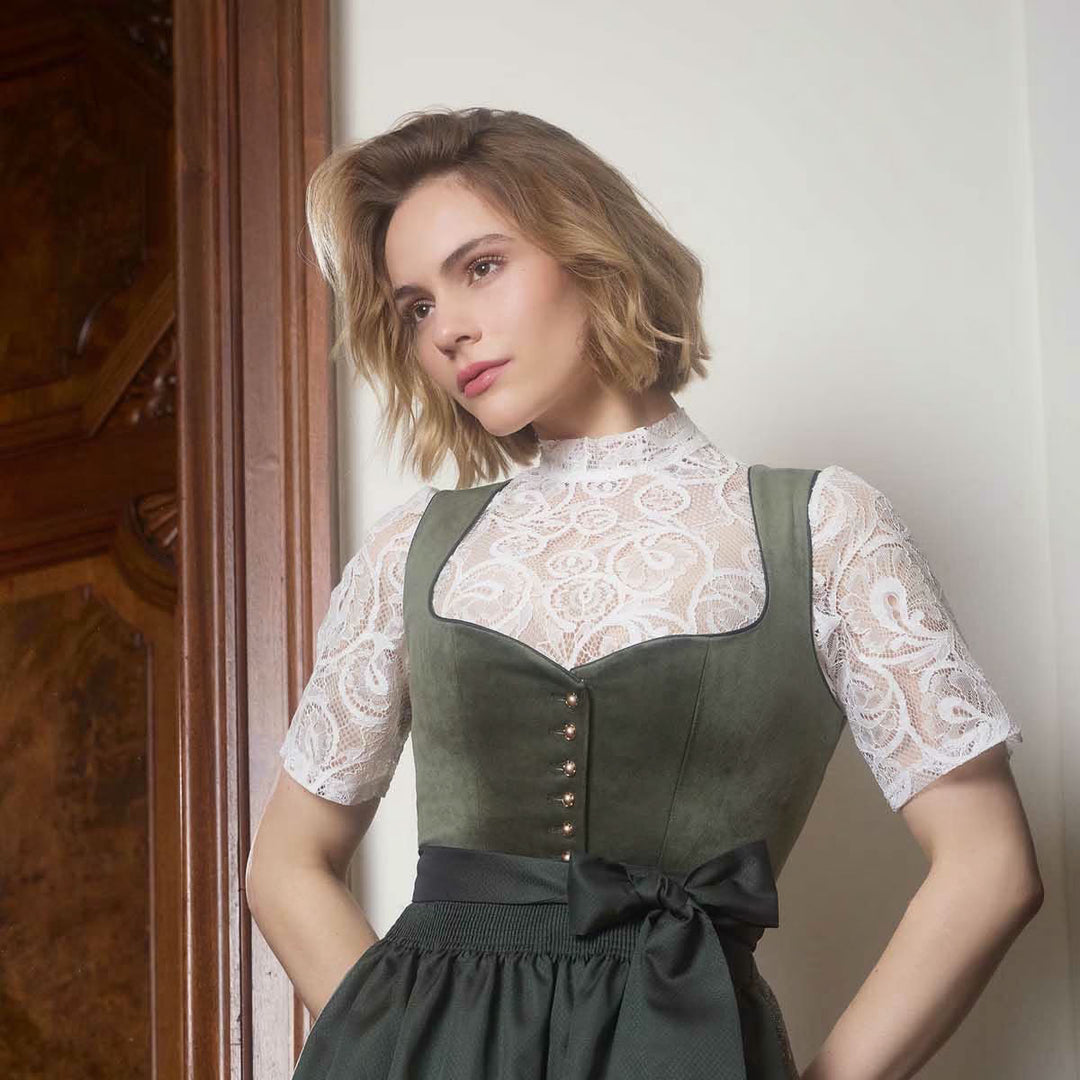 Damen Dirndl Grün | Midi Samtdirndl mit Herzausschnitt, Zierknöpfen und 70 cm Rocklänge