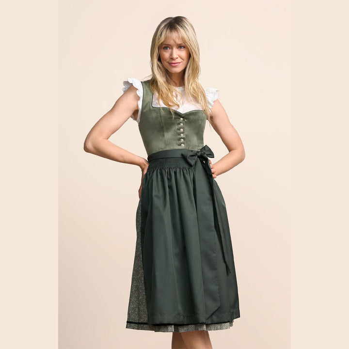 Damen Dirndl Grün | Midi Samtdirndl mit Herzausschnitt, Zierknöpfen und 70 cm Rocklänge