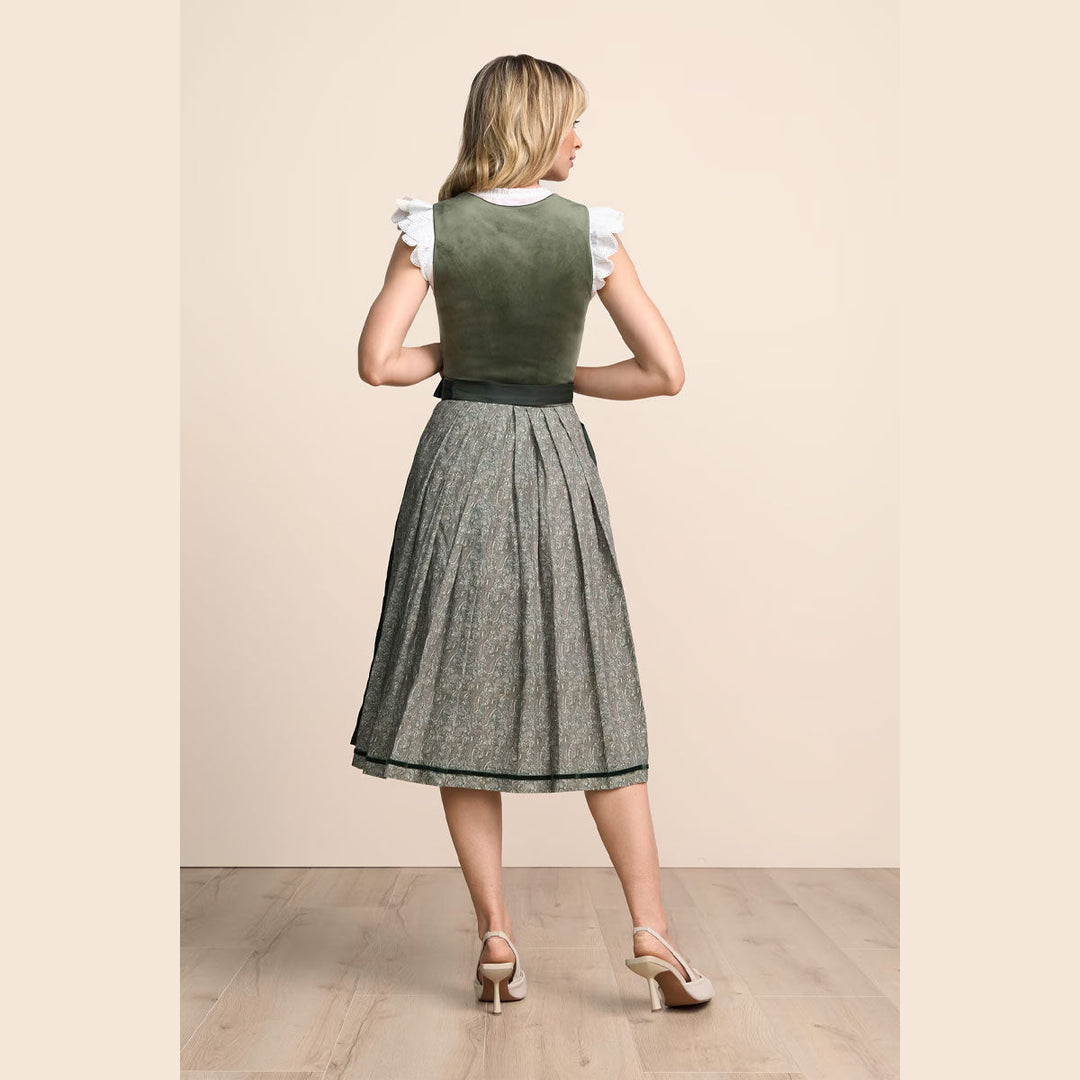 Damen Dirndl Grün | Midi Samtdirndl mit Herzausschnitt, Zierknöpfen und 70 cm Rocklänge