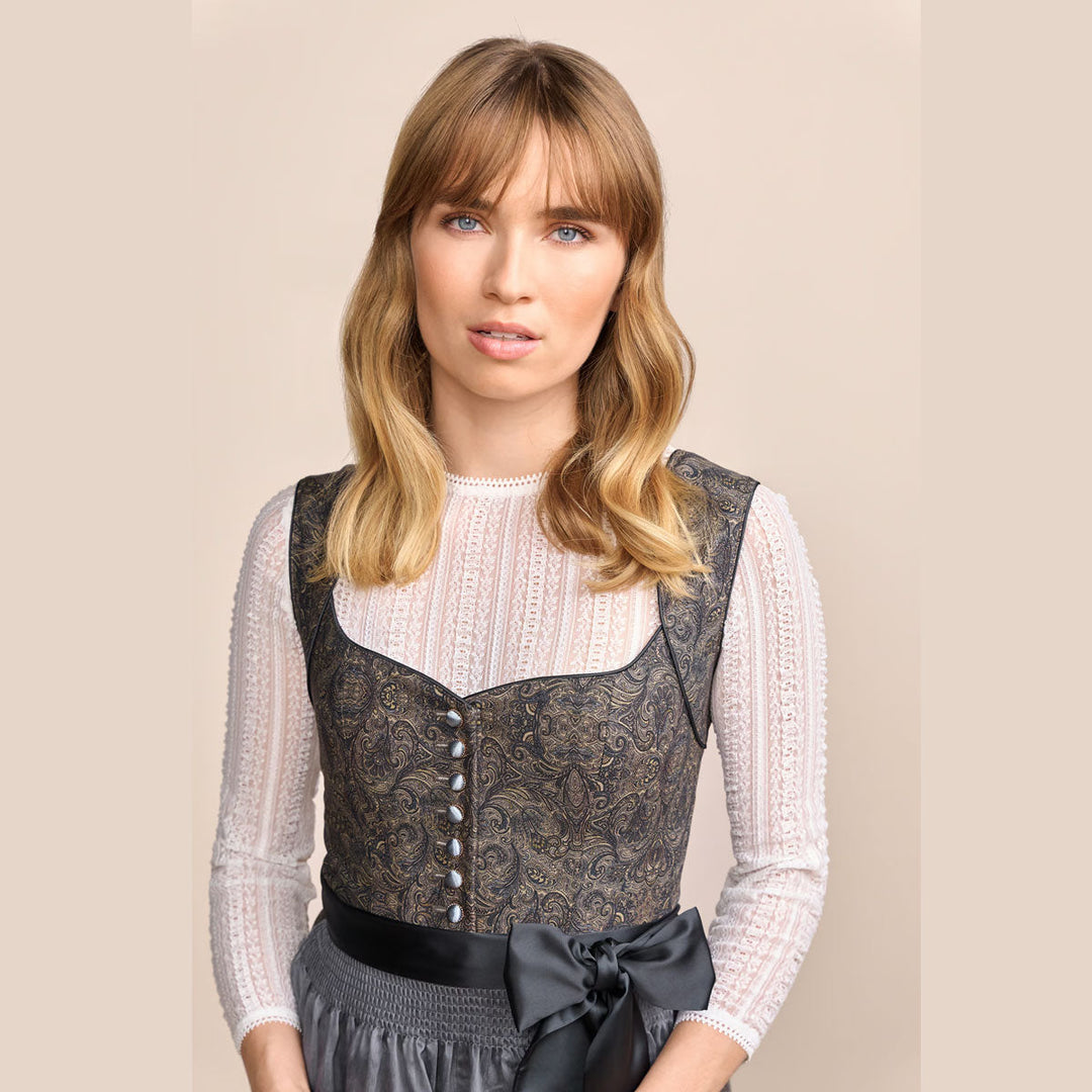 Damen Dirndl Blau | Midi Trachtenkleid mit Herzausschnitt, Kugelknöpfen und 60 cm Rocklänge