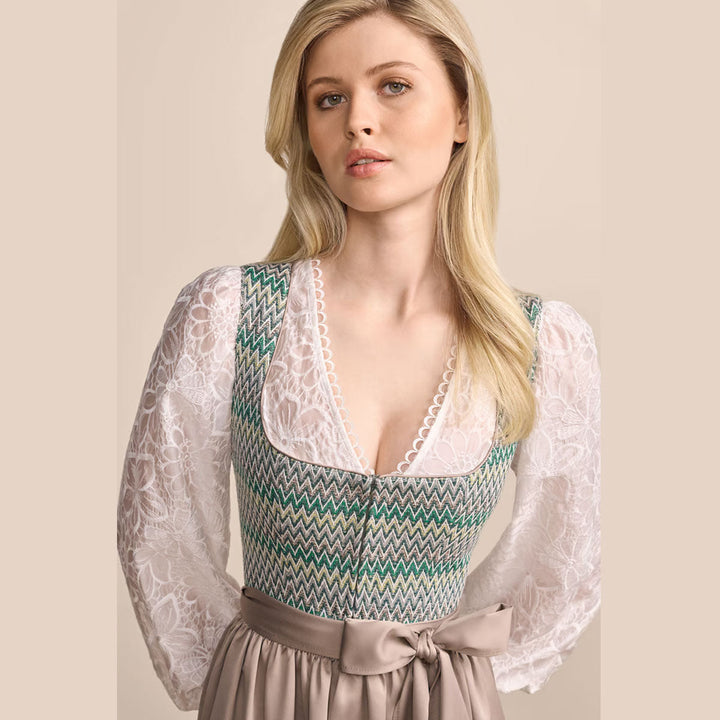 Damen Dirndl Grün | Midi Trachtenkleid mit geradem Ausschnitt, Reißverschluss und 70 cm Rocklänge