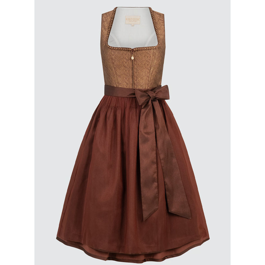 Damen Dirndl Rostbraun Bronze | Midi Trachtenkleid mit Ornamentmieder, Balkonett-Ausschnitt und 70 cm Rocklänge