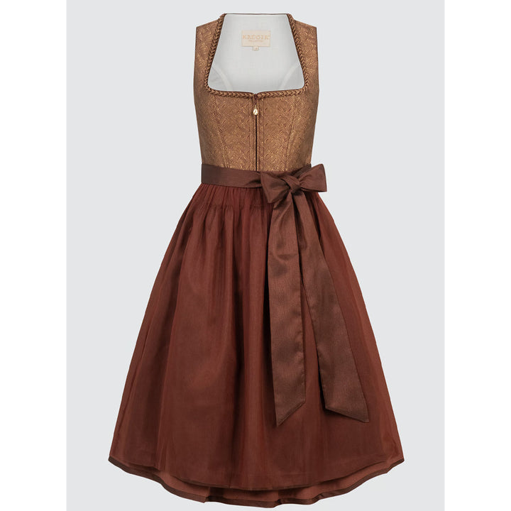 Damen Dirndl Rostbraun Bronze | Midi Trachtenkleid mit Ornamentmieder, Balkonett-Ausschnitt und 70 cm Rocklänge